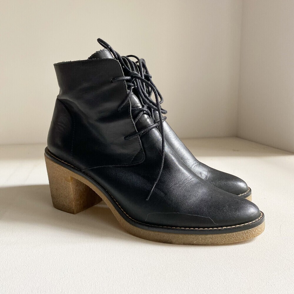 MIISTA Classic Black Leather AlmondToe Lace Up Ankle Boots 41 - Picture 2 of 7